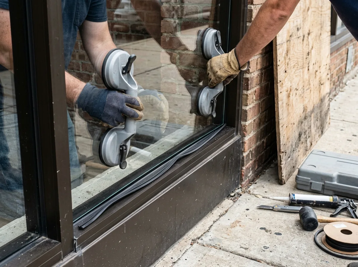 Commercial glazier's gloved hands setting a large replacement tempered glass lite into an aluminum storefront frame, suction cups on the glass, plain gray unbranded tools