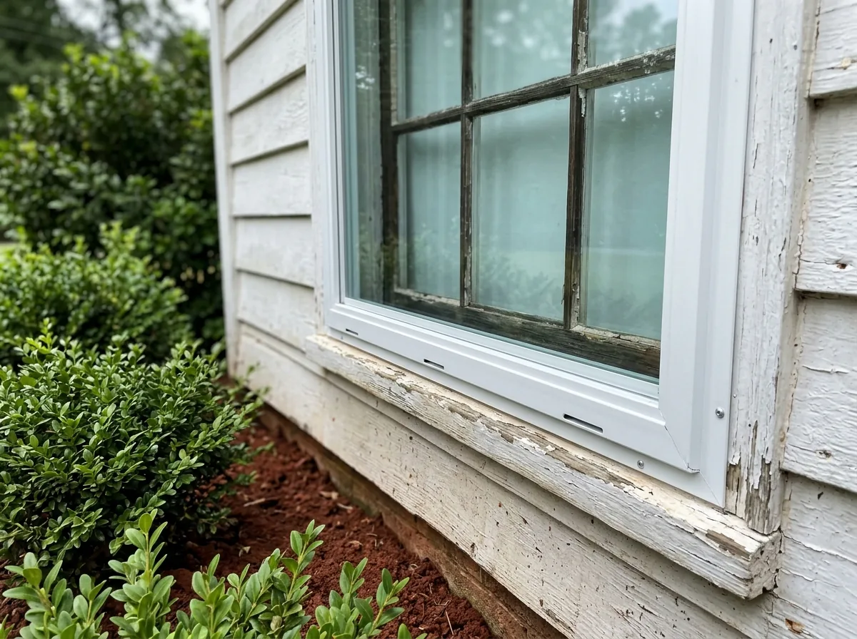 Close view of a low-E exterior storm window over an old wood sash, a faint coating tint visible on the storm glass, red clay bed and boxwoods below