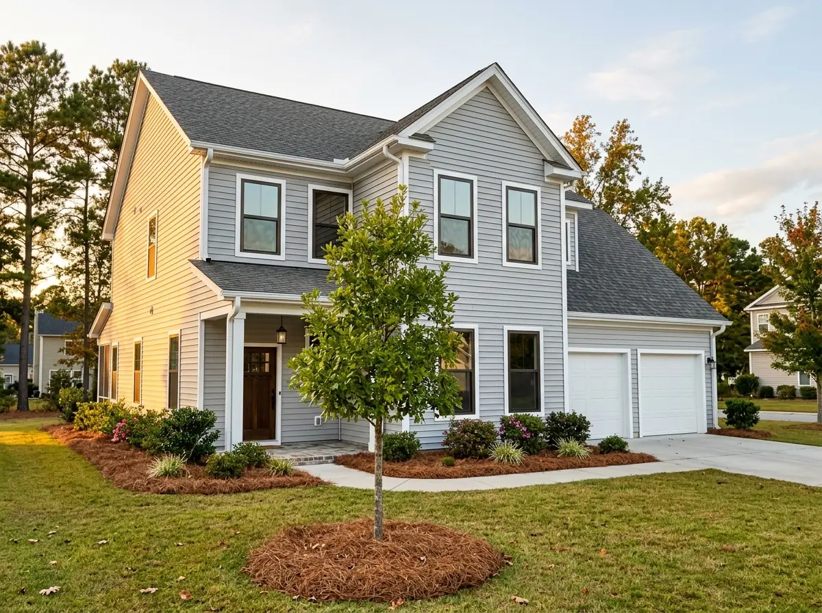 Newer two-story suburban house with dark bronze exterior vinyl double-hung windows against light gray siding, young live oak in the front yard, late afternoon sun