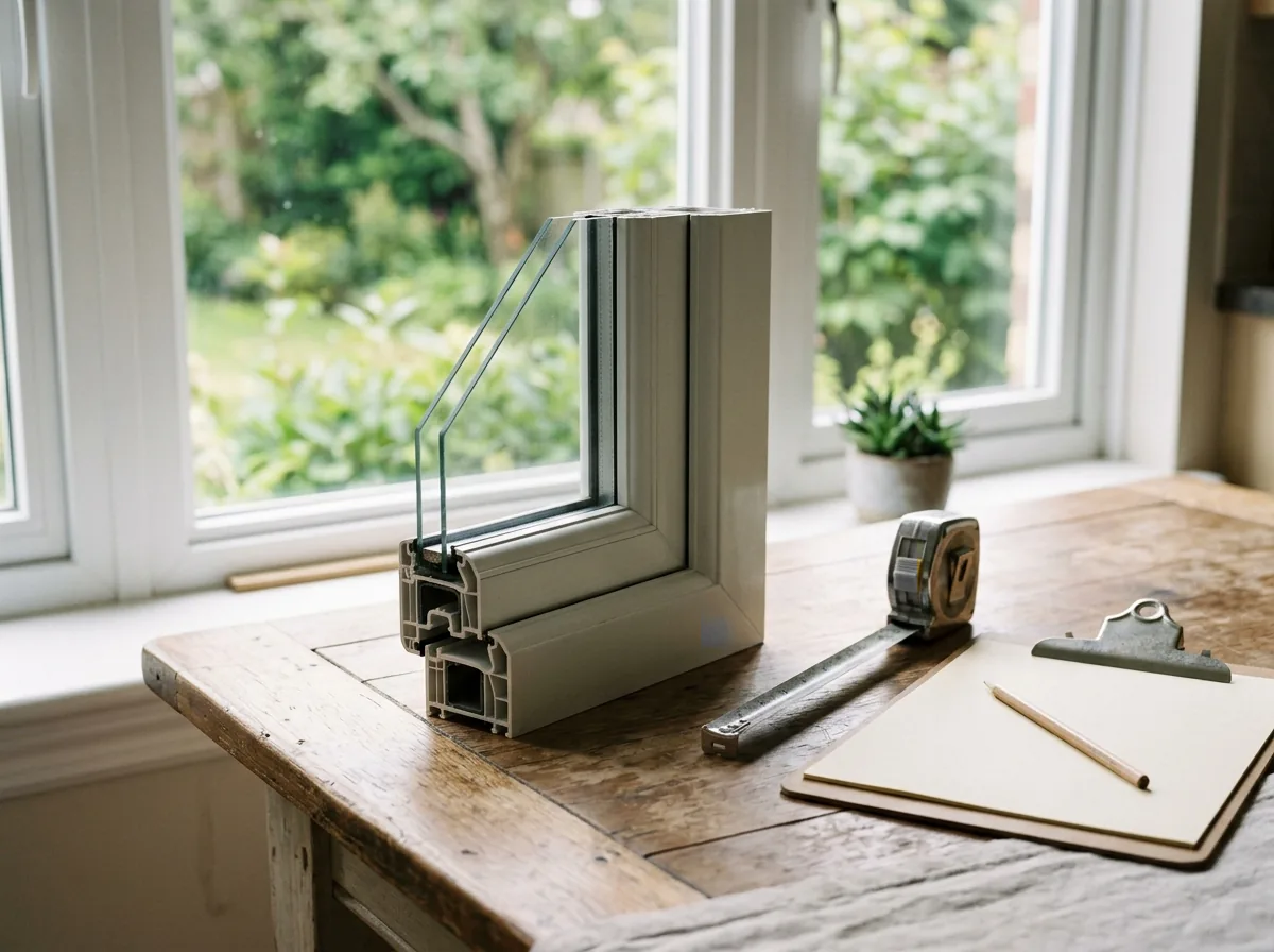 Cutaway corner of a white vinyl window frame with double-pane glass, a tape measure and a clipboard on a table