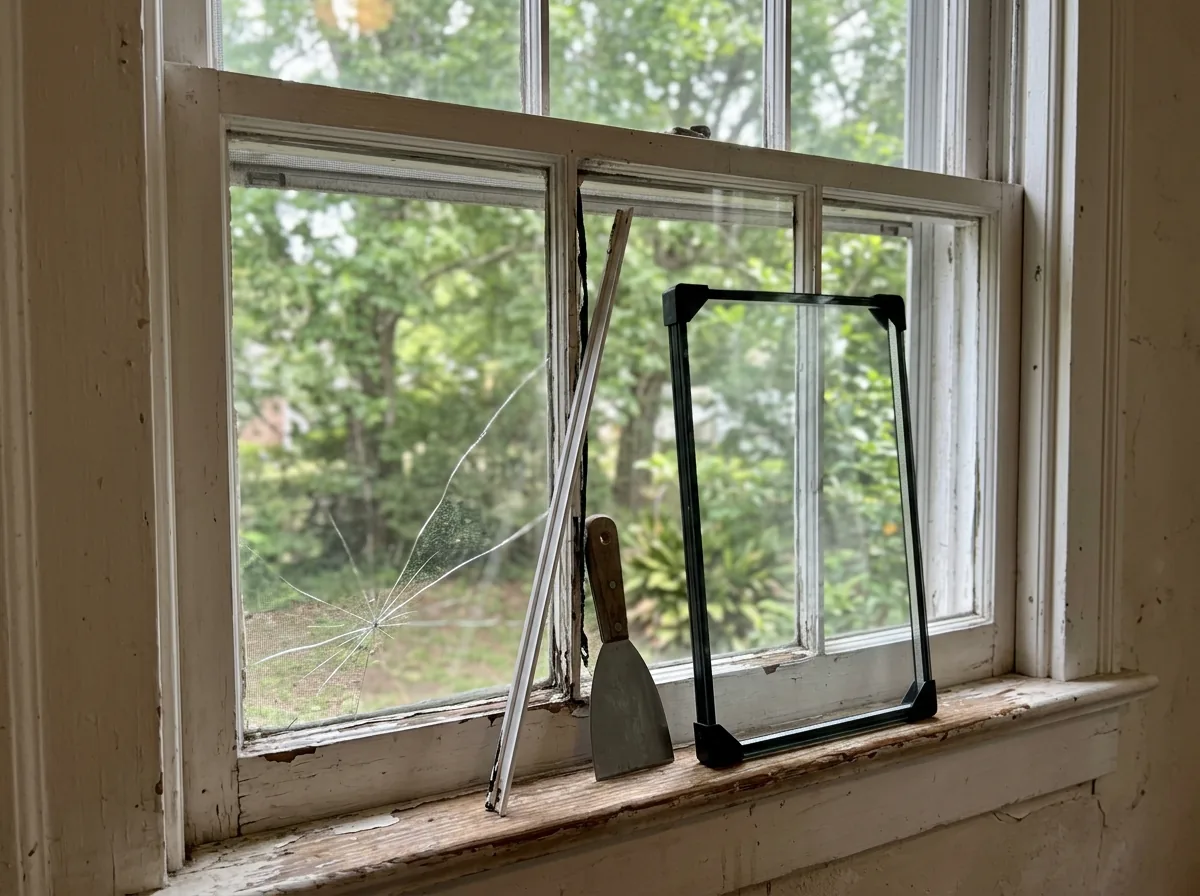 A double-hung window with a cracked lower pane, the glazing bead pried off along one side and a replacement glass unit leaning on the sill
