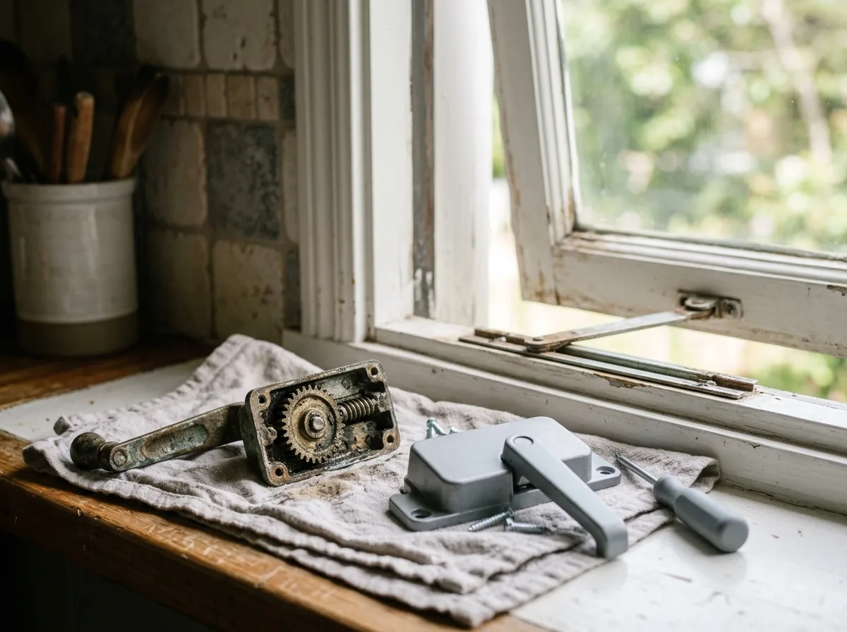 A casement window's crank operator removed from the sill with its worn gear visible, a new gray operator beside it