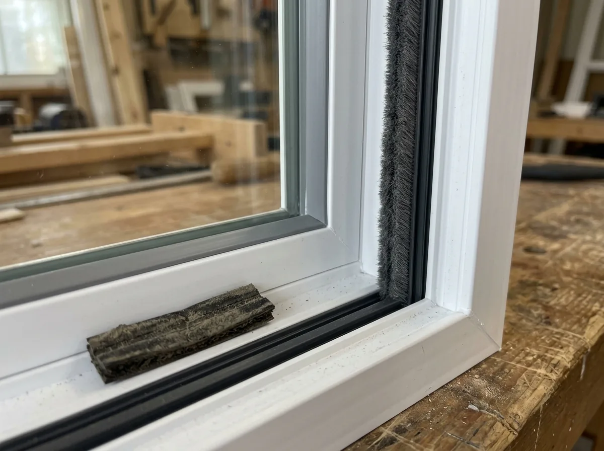 Close-up of a vinyl window sash corner with a new gray glazing bead snapped in along the glass and fresh pile weatherstrip in the frame track