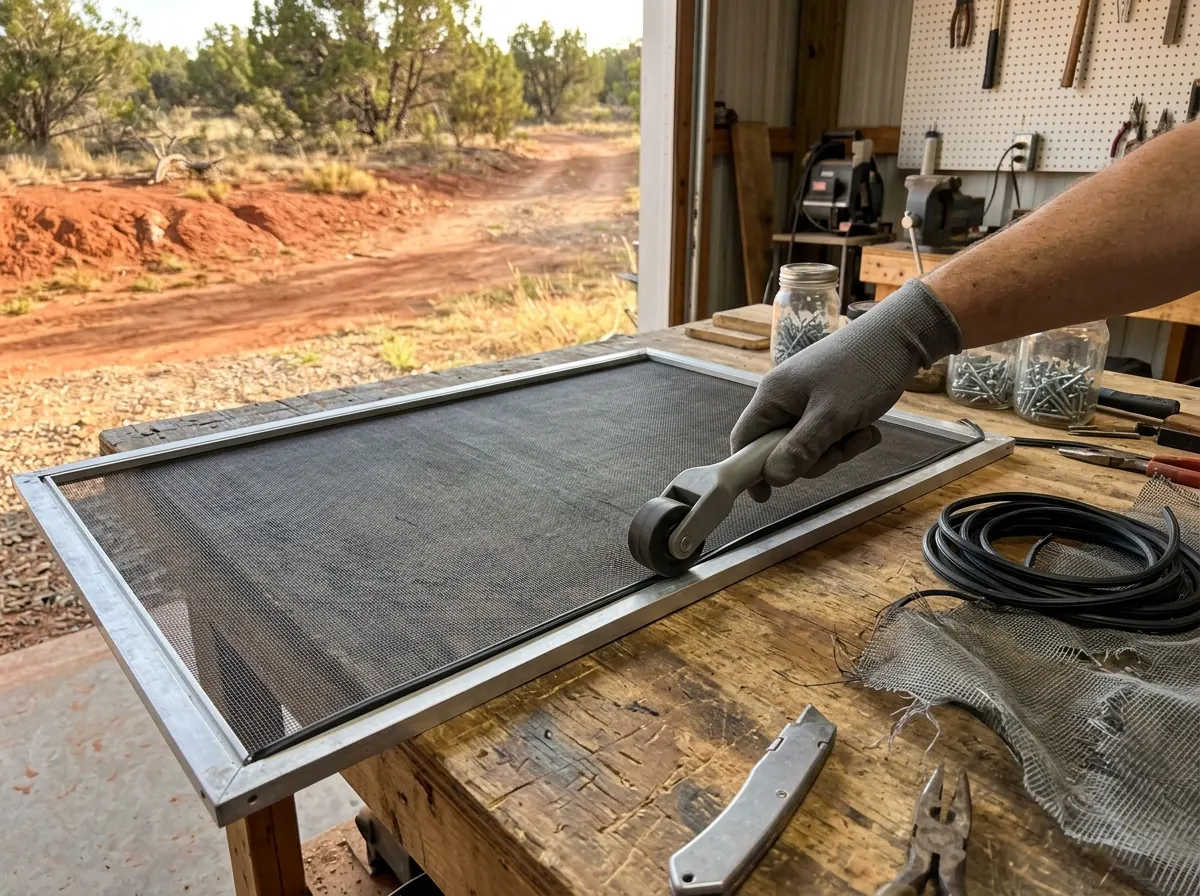 Aluminum window screen frame flat on a workbench with new charcoal fiberglass mesh being rolled into the spline channel, plain gray unbranded tools