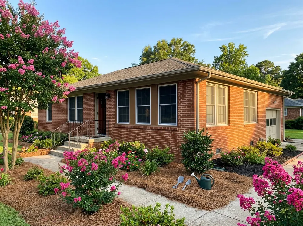 Brick ranch house with dark solar screens fitted on the west-facing windows and plain insect screens on the side windows, crepe myrtles in bloom