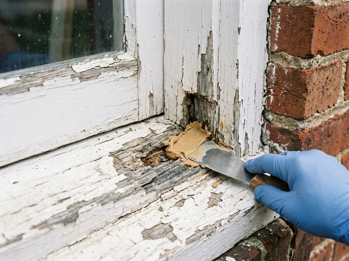 Close view of a weathered wood window sill corner with the soft wood dug out and a tan two-part epoxy filler being shaped with a putty knife
