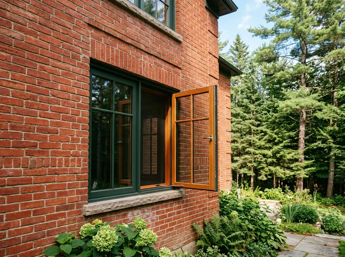 Aluminum-clad wood casement windows with a dark green exterior finish on a two-story brick house, natural wood visible on the open sash interior, pines behind